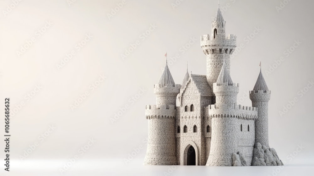 Poster classic stone castle model with minimal shadows on a white background, showing intricate architectur