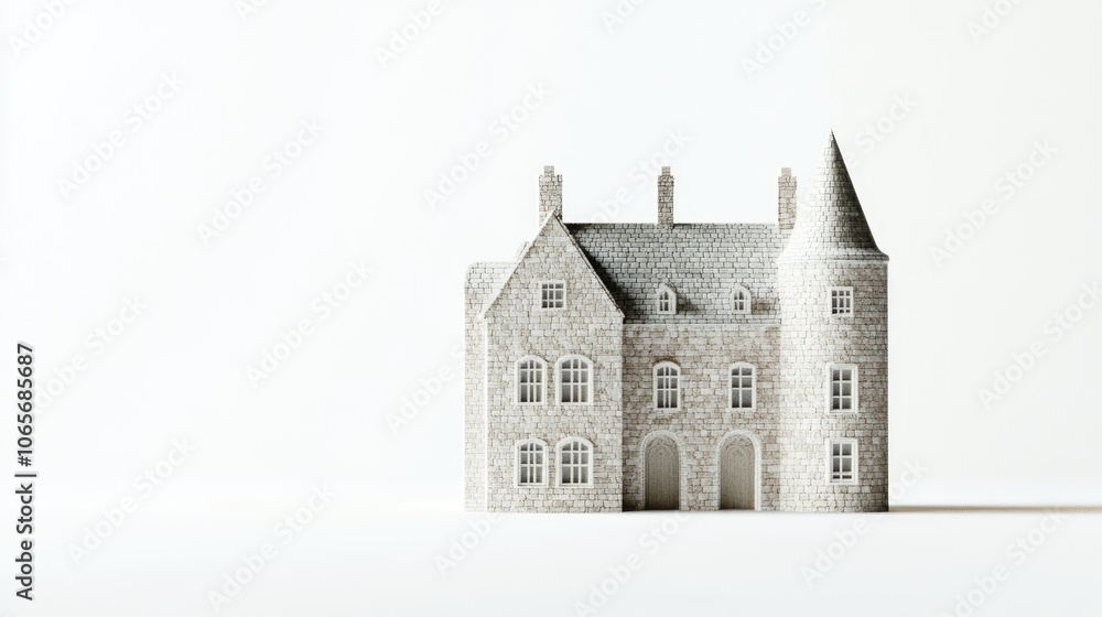 Poster classic stone castle model with minimal shadows on a white background, showing intricate architectur