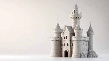 Obraz premium Classic stone castle model with minimal shadows on a white background, showing intricate architectural details in a clean, simple setting.