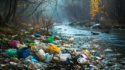 Obraz premium Polluted Riverbank: air pollution. A riverbank littered with plastic waste and debris, the water murky and discolored. The polluted air hangs heavy over the scene. Use this image to address 