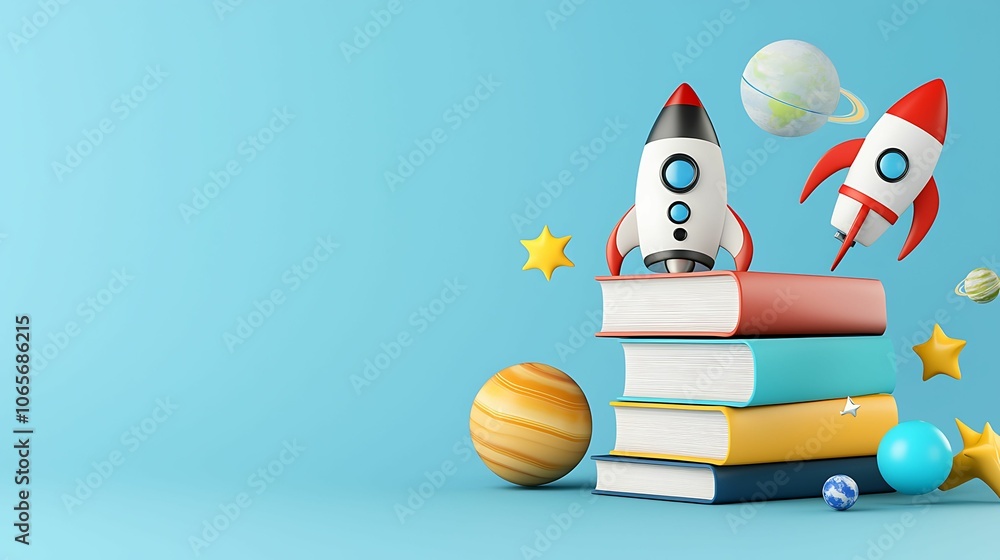 Poster exploring the universe imaginative rockets on a stack of colorful books representing learning and ad