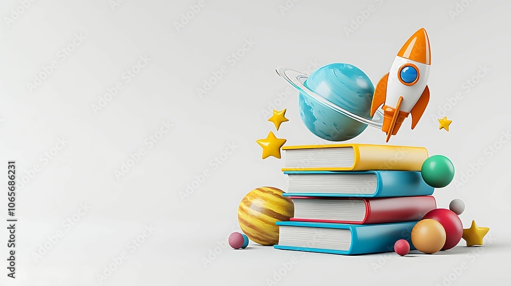Poster explore the universe of learning a whimsical stack of books planets and a rocket igniting imaginatio