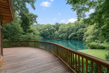Obraz premium Tranquil Wooden Deck Overlooking Azure Lake in Lush Forest - Serene Nature Retreat with Curved Perspective and Peaceful Ambiance