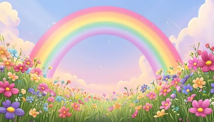 Fototapeta premium Beautiful rainbow over the field with colorful flowers against a cloudy sky background. Panoramic view of a meadow in the spring or summer season. 