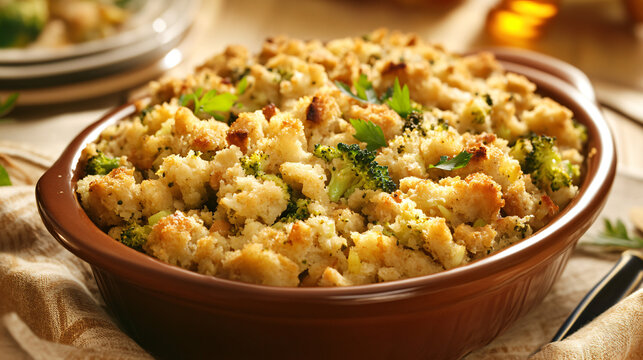 Cheesy stuffing with broccoli for a delicious Thanksgiving side.
