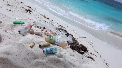 Dirty Beach :water pollution. A tourist beach with plastic bottles, cigarette butts, and discarded wrappers strewn across the sand. The blue ocean contrasts with the debris. 