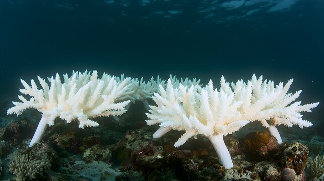 Dying Coral Reef :water pollution. An underwater shot of bleached and lifeless coral formations. The once-vibrant colors have faded due to pollution and rising sea temperatures. 