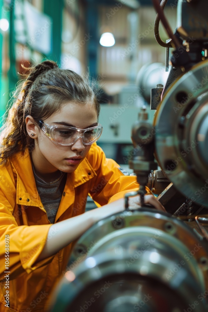 Poster industrial apprentice learning machinery operation in a modern factory setting