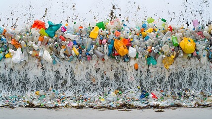 Naklejka premium Beach Plastic Wash-Up : plastic pollution. A shoreline covered in plastic bottles, bags, and discarded toys. The waves deposit colorful debris onto the sand. Use this image to depict coastal 