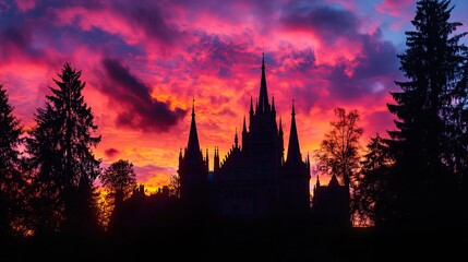 Fototapeta premium Gothic-style castle silhouetted against a vibrant sunset, with dramatic architecture and tall spires, ideal for fantasy settings.