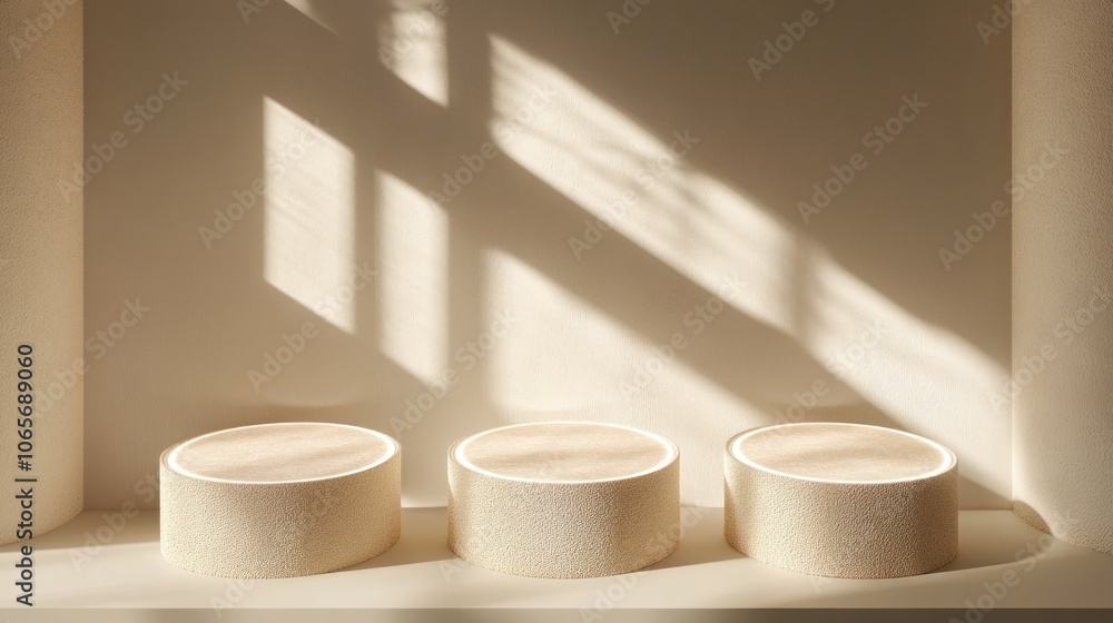 Poster Three circular objects on a shelf with soft shadows and a minimalist aesthetic.
