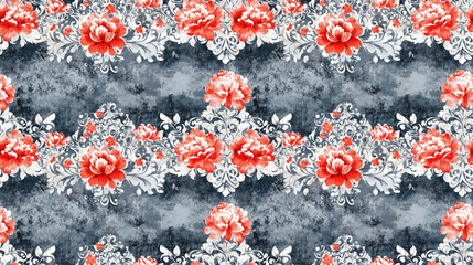 Seamless aquarelle geometric batik pattern featuring red tribal endless flowers and ornate gray floral designs versatile for fabric and wallpaper applications