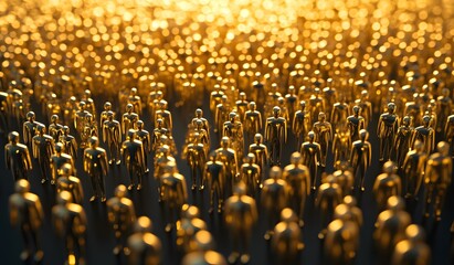 Obraz premium 3D rendering of gold human-shaped icons arranged in rows on a dark background. Conceptual illustration representing technology, 