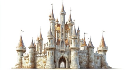Obraz premium Iconic fairytale castle with spires and grand entryway against a plain white background, ready for children book illustrations.