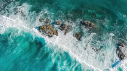 Fototapeta premium Aerial View of Turquoise Ocean Waves and Rocky Shoreline