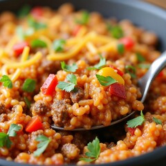Delicious meat and vegetable casserole with cheerful mood in black pan on wooden table