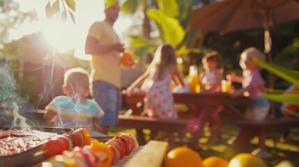 Defocused shot of a family cookout with playful children and proud parents gathered around the grill and picnic area.