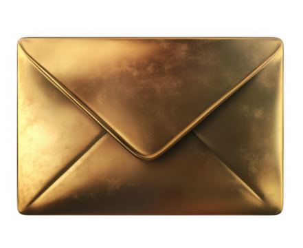 Gold metal envelope icon isolated on a transparent background, PNG 