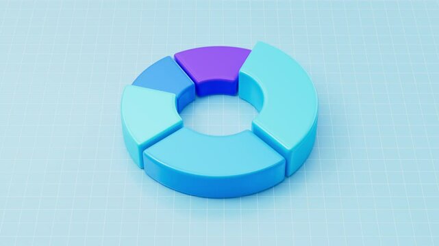 3D blue rotating donut Pie chart with colorful segments. Information graphic. Financial visualization. 3d render looped