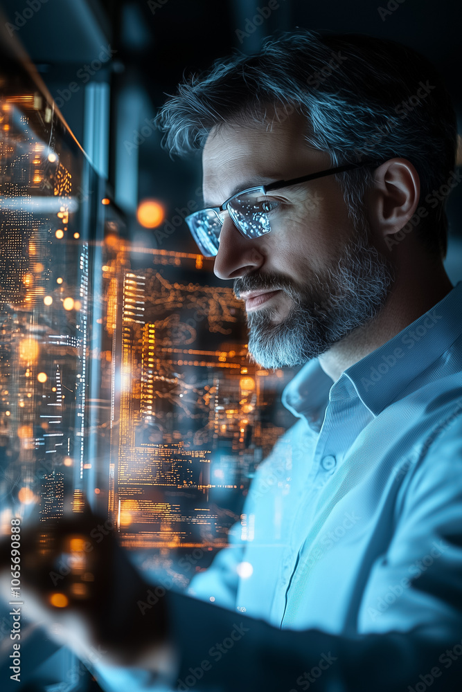 Poster a man reviews data visuals on a digital interface in a modern office at night, showcasing tech innov