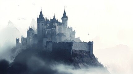Fototapeta premium Minimalistic castle illustration with towers and battlements against a clean, white background, evoking historical grandeur.