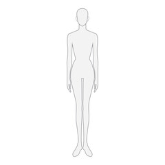 Female mannequin outline, full-body front view, isolated on white background, ideal for fashion design templates and apparel mockups.

