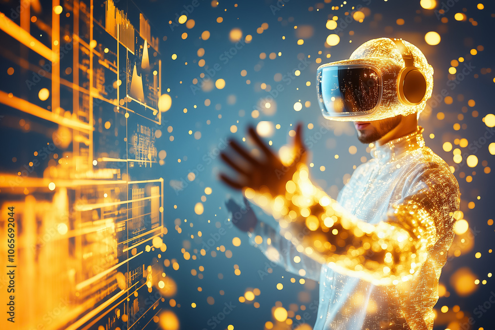 Poster an individual engages with virtual elements surrounded by glowing lights in a high-tech setting