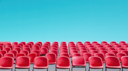 Naklejka premium Stadium seating section with clean, empty seats under a clear sky, highlighting the calm before the crowd arrives.