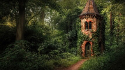 Obraz premium Tower hidden in a dense forest with ivy-covered walls and a single window high up, evoking classic fairytale mystery.