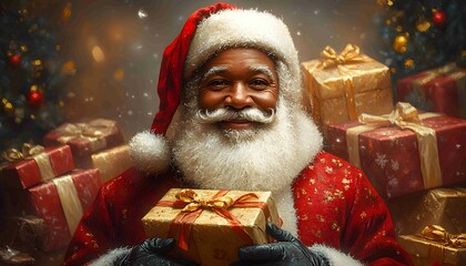 american black santa claus holding a bunch of presents for the kids, Black Santa Claus, African American Santa, 