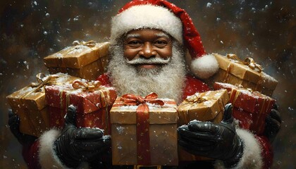 american black santa claus holding a bunch of presents for the kids, Black Santa Claus, African American Santa, 