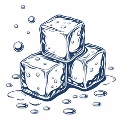 Stacked Ice Cubes Vector Illustration with Melting Water Drops, Full depth of field on a falling ice cube, Crystal Clear Ice Cubes with Water Splash