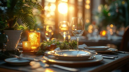 A beautifully set table with candles, greenery, and a warm glow of sunlight.