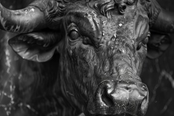 bull  Fighting bull head detail in black and white. Vertical