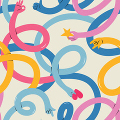 Seamless pattern with long curvy hands, showing funky gestures, giving love. Hand drawn vector illustration