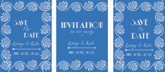 Vintage luxury invitation card with white Art Deco frame vector design. Gatsby Style design