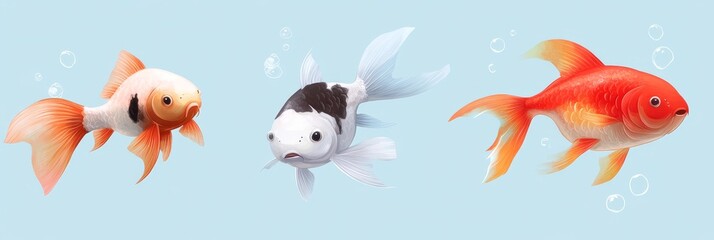 Fototapeta premium Three adorable cartoon fish swimming in blue water, representing friendship, diversity, and the underwater world.