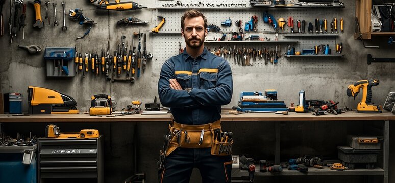 Confident male worker with arms crossed standing in front of a workbench full of tools.