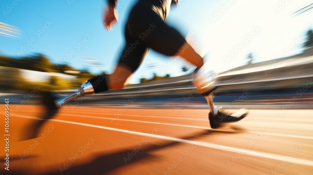 Aufkleber an athlete is sprinting on a track, showcasing determination while using a prosthetic leg in bright 