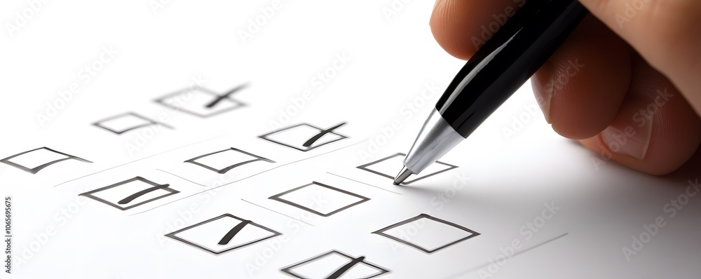Poster a close-up of a hand marking a checkbox with a pen on a blank paper form, symbolizing decision-makin