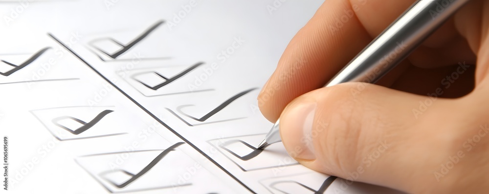 Poster a close-up of a hand marking a checklist with a pen, representing organization and task completion i