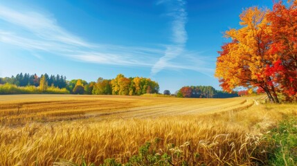 Fototapeta premium A vibrant autumn day on a barley farm, with golden fields and colorful trees in the background