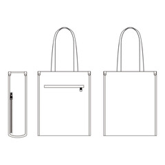 Three-view technical line drawing of a tote bag with handles and zippered pocket, showing front, back, and side views.