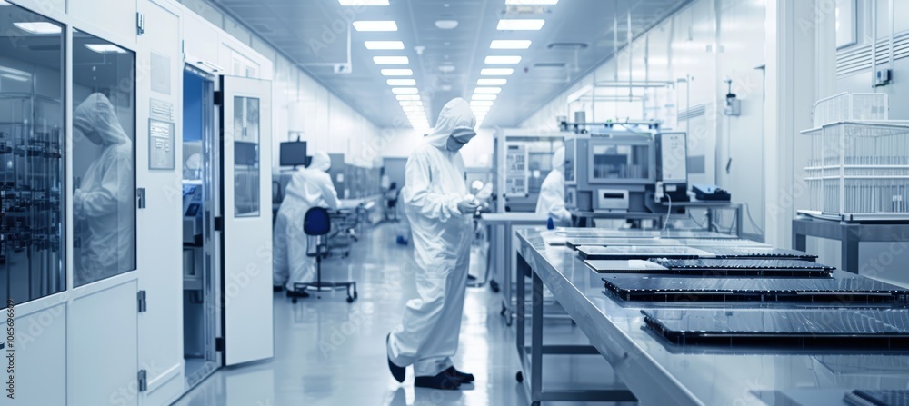 Poster advanced semiconductor fabrication plant with technicians operating circuit etching machinery