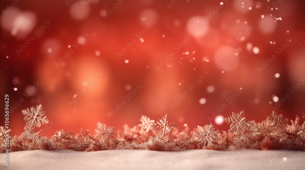 Poster Snowflakes on Soft Red Background with Bokeh Effect