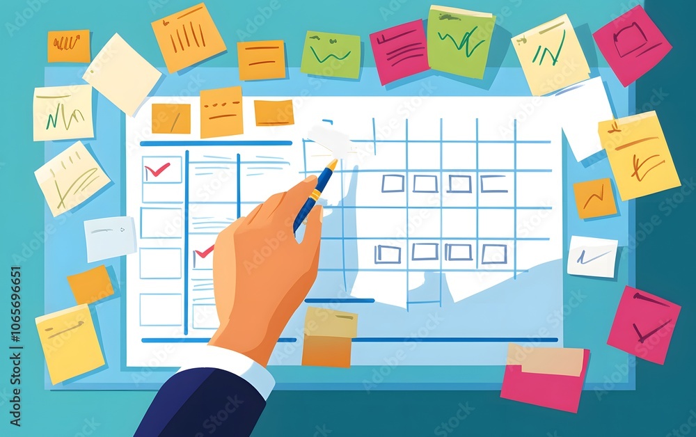 Poster a hand marking a planner with colorful sticky notes and a checklist, symbolizing organization and pr