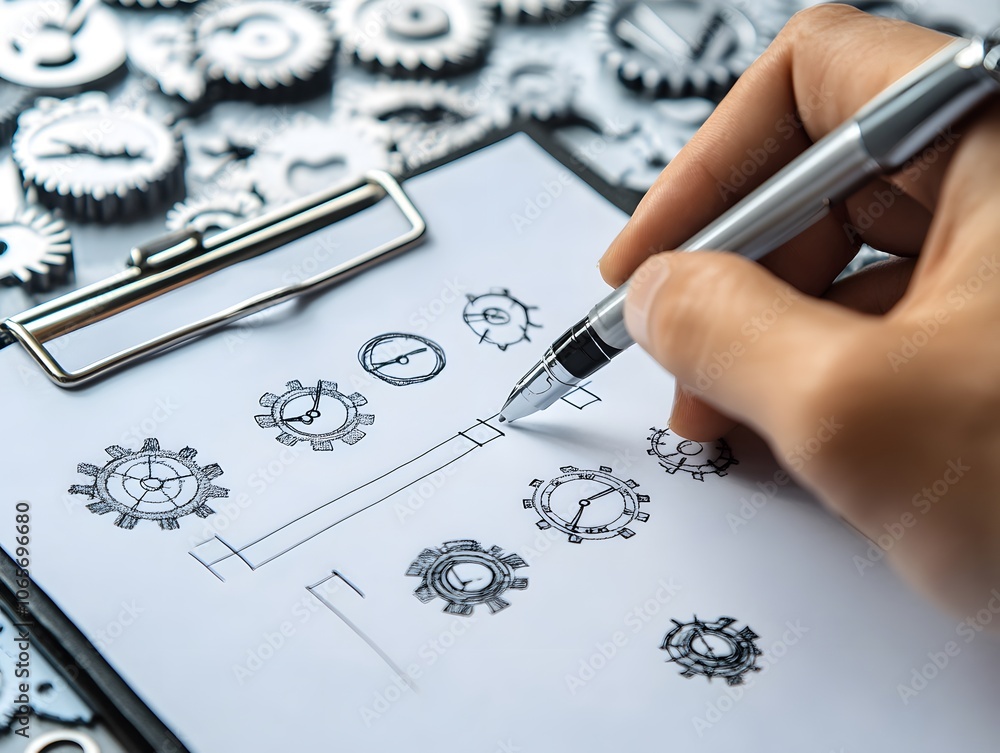 Poster a hand sketching mechanical gears on paper, symbolizing engineering and design concepts for innovati