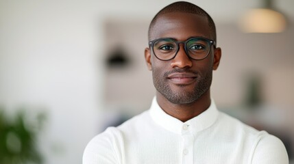 Obraz premium Confident man with glasses, modern office background