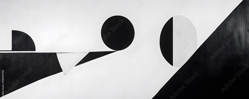 Poster a modern black and white abstract geometric artwork featuring various shapes and smooth lines that c