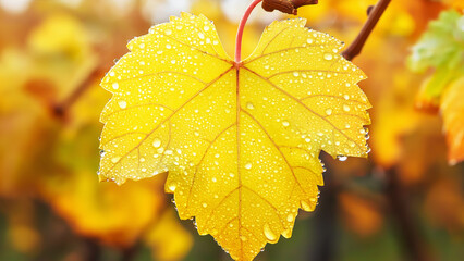 Fototapeta premium Vibrant yellow grape leaf covered in droplets after rain in an autumn vineyard